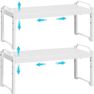2 Pack Stackable Expandable Shelves For Kitchen Cabinet Countertop Storage, Adjustable Counter Cupboard Pantry Organizer Shelf Rack Stand, Length:25.5 Inch