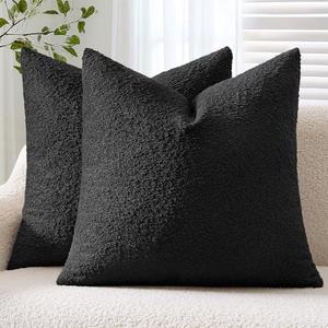ANRODUO Pack of 2 Textured Boucle Throw Pillow Covers Soft Black Decorative Accent Solid Pillow Cases Cozy Modern Couch Cushion Case for Chair Sofa Bedroom Living Room Home Decor, 20 x 20 Inch