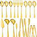 Mwellewm 17Pcs Serving Utensils, Gold Stainless Steel Serving Spoons, Slotted Spoon, Fork, Tongs, Cake Pie Server, Soup Spoon, Metal Buffet Banquet Cutlery Set for Parties Entertaining Catering