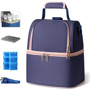 NCVI Breastmilk Cooler Bag with 2 Ice Pack, Breast Pump Bag with Cooler Fits 6 Bottles, Double Layer Breast Milk Baby Bottle Cooler Bag, for Travel, Nursing Mom Daycare, Work, Picnic (Purple)