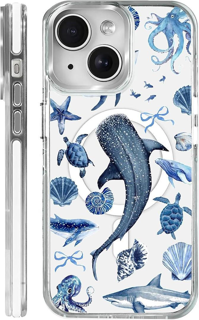 for iPhone 13/14 Case, Compatible with MagSafe,The Transparent TPU Silicone Protects The Phone Case from Drops, Slips and Fingerprints.Blue Ocean Whale Shark Octopus Turtle Collage