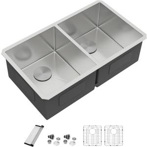 Dcolora 36" Extra Large Double Bowl Kitchen Sink Undermount 50/50 Split 16 Gauge 304 Stainless Steel Double Sinks, Round Corner 36"x19"x10" DC-U7740
