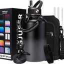 Half Gallon Insulated Water Bottle - with Straw & Spout Lid, Paracord Handle & Carrier Bag, Protective Cup Mat, 64oz Vacuum Stainless Steel Water Bottle, Metal Vacuum Flasks Keep Cold 48h Hot 24h (Black Gray Gradient)