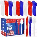 180 Pieces 4th of July Plastic Silverware Heavy Duty Plastic Cutlery Set Disposable Utensils Includes Spoons Forks Knives for Memorial Day Decorations Utensil Flatware Independence Day