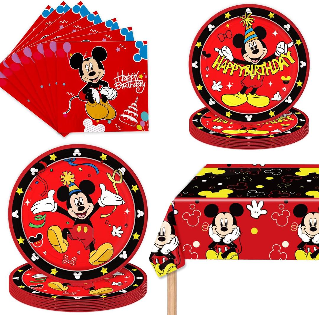 Mickey Party Supplies 41Pack include 20 plates, 20 napkins 1 tablecloth for birthday party Decoration (red2)