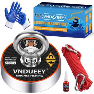 VNDUEEY Magnet Fishing Kit, 500Lbs(227Kg) Fishing Magnets with Rope - Includes Pulling Force Fishing Magnet, 20m (65 Foot) Durable Rope with Two Carabiner, Non-Slip Protective Gloves