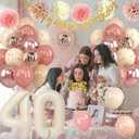 40th Birthday Decorations for Women Retro Blush Pink Birthday Balloons Happy 40th Banner Cake Topper Pom Pom Nude Rose Gold Number 40 Balloon for Her 40 Years Old Bday Party Decoration Supplies