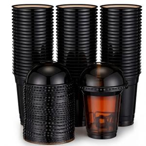 Ferrochef Black Plastic Cups with Lids 12 oz Plastic Disposable Cup with Lids Leak-proof Iced Coffee Juice Cups for Black Party Birthday Weddings Coffee Shops(100 Set,89mm) (EXP 11/19/26)
