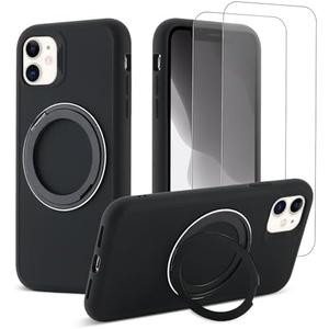 DUEEFA 360°Rotatable Magnetic Ring Stand for iPhone 11 Case,Compatible with MagSafe,with [2 Pack Screen Protector] Military Grade Drop Shockproof Silicone Slim Phone Case 6.1 inch. (Black) 2 PACK