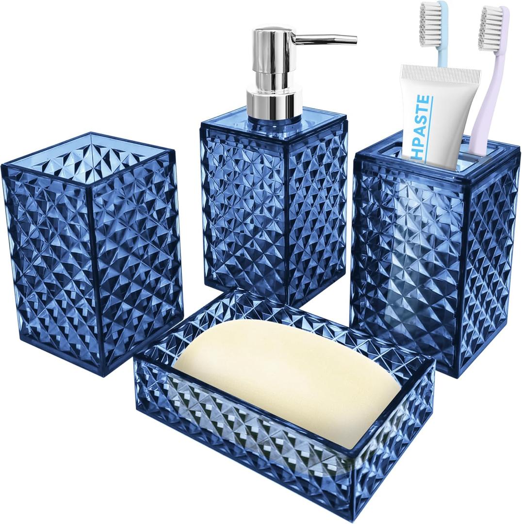 Bathroom Accessory Set, 4 PCS Blue Bathroom Accessories Sets, Soap Dispenser and Toothbrush Holder Set, Soap Dish and Mouthwash Cup, Boho Bathroom Decor, Bathroom Sets Accessories