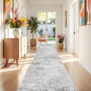 Washable 3x25 Runner Rug Hallway - Abstract Runner Rugs for Living Room Stain Resistant Entryway Indoor Carpet for Kitchen Bedroom Non Slip Rubber Backing Ultra Thin Soft Floor Decor Mat 3x25 Grey