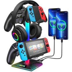 VCOM RGB Gaming Headphones Stand with 2 USB and 1 Type-C Ports, Headset Stand with 10 Light Modes and Non-Slip Rubber,Suitable for All Earphone Accessories, Best Gift for Desk Gamers