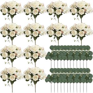 Peony Artificial Flowers, Faux Peonies Hydrangea Eucalyptus Bouquet 12 Packs Silk Vintage Realistic Peony Floral Arrangement for Wedding Centerpiece Table Vase Home Party Decor-Ivory White
