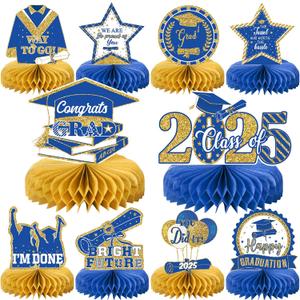 10PCS Graduation Party Decorations Class of 2025 Congrats Grad Table Centerpieces Congratulate Graduation Honeycomb Table Toppers for Graduation Party Supplies(Blue Gold)