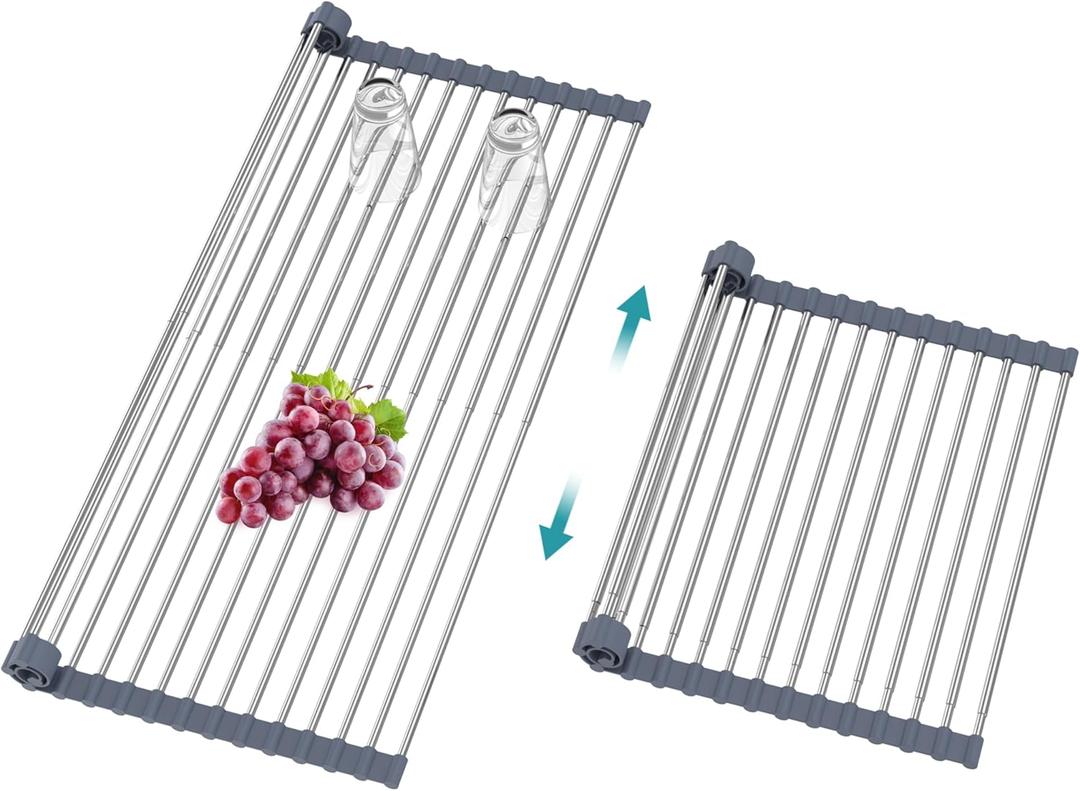 BBXTYLY Extra Expandable Roll Up Dish Drying Rack,Over The Sink Drying Rack Sink Cover Kitchen Sink Accessories Kitchen Rolling up Stainless Steel Drainer, Foldable,RollableGray22.8''-12.4'' (Grayexpandable Wides Size)