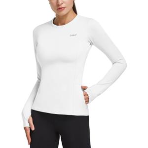 baleaf Thermal Shirts for Women Long Sleeve Fleece Tops Running Workout Cold Weather Gear Compression Zipper Pocket (White, L)