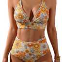 SweatyRocks Women's Floral Halter Bikini Set High Waisted Swimsuit Two Piece Bathing Suit L
