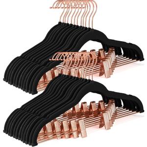 HOUSE DAY Velvet Pants Hangers with Clips 24 Pack, Ultra Thin Non Slip Velvet Skirt Hangers with Rose Gold Hooks Space Saving Clothes Hanger for Trouser, Skirts, Jeans, Dress, Coats (Black)