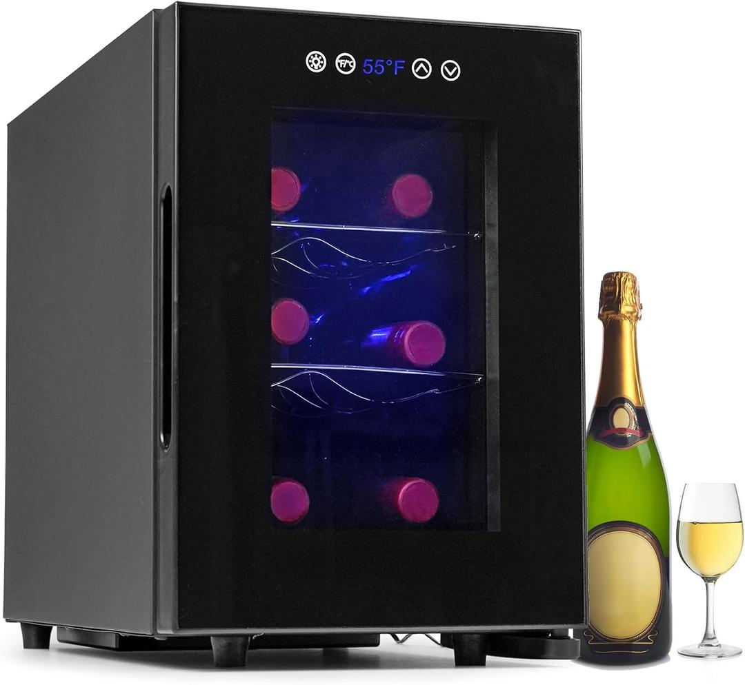 Iceblue Wine Fridge, Digital Temperature Control White & Red Wine 6 Bottle Wine Cooler with Wine Rack, Champagne Wine Cooler Refrigerator for Bar, Home, Kitchen, Gift - Black