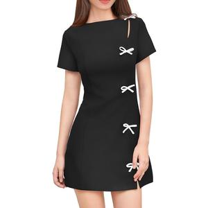 XXTAXN Women's Summer Boat Neck Short Sleeve Elegant Y2k A Line Mini Dress (Black, S)