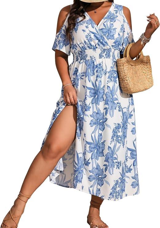 Floerns Women's Plus Size Cold Shoulder Tropical Print V Neck Flared A Line Long Dress, Size XXL