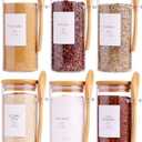 6 Pcs Glass Containers with Bamboo Lids and Spoons - 10 oz Sugar Container with 148 Kitchen Pantry Spice Jar Labels Preprinted - Glass Spice Jars with Wooden Lids Hold Coffee, Tea, Candy, Herbs