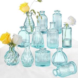Bud Vases Set of 11, Blue Glass Vase Small Vintage Flower Vase for Decor Ribbed Glass Bud Vases in Bulk Wedding Decor Bridal Shower Party Centerpieces Home Room Table Decorations