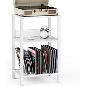 TUTOTAK Record Player Stand with Storage Up to 100 Albums,Record Storage Table,3 Tier End Table,Side Table for Living Room, Bedroom, White TB01BW075