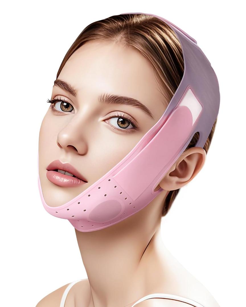 Reusable V-Line Sculpting Face Mask  Silicone Chin Strap for Jawline Tightening & Double Chin Reduction (23-27 Inches) (Pink) -01