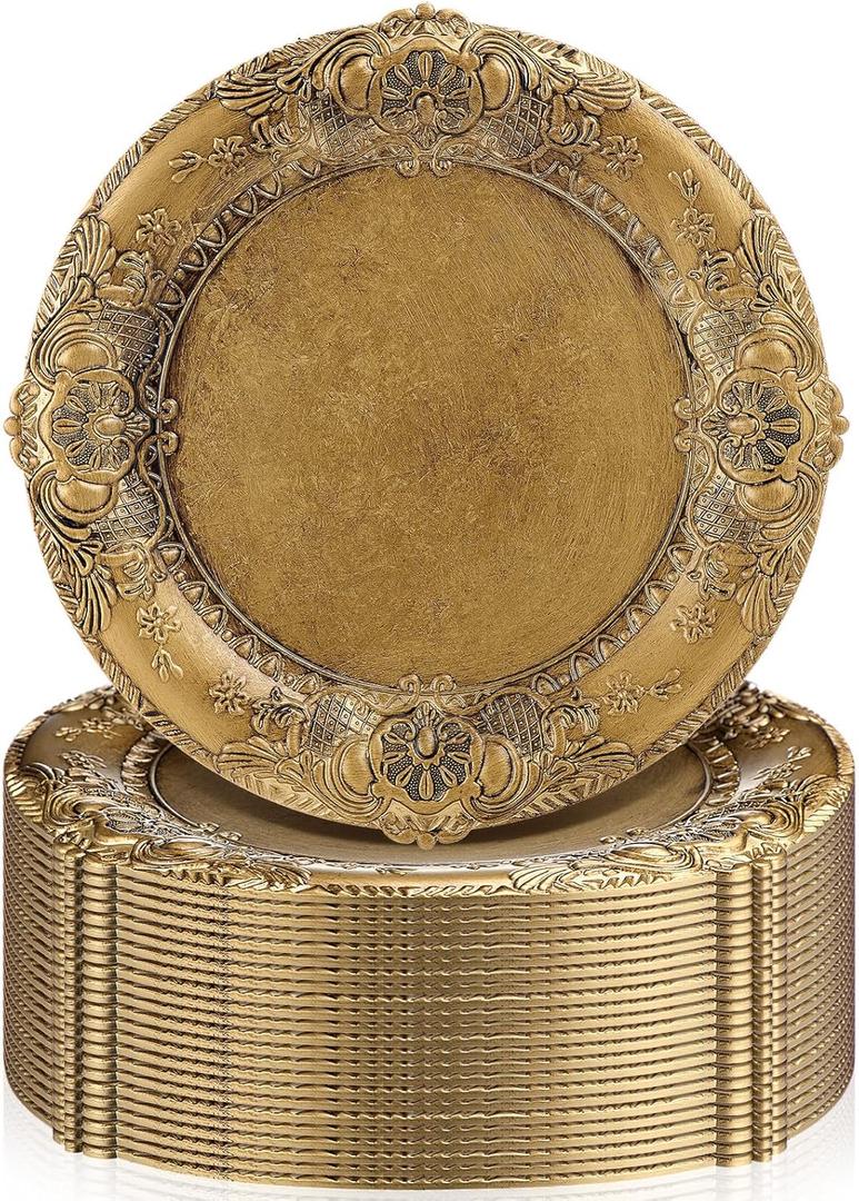 Mifoci Antique Gold Charger Plates Set of 24 Plastic Gold Chargers for Dinner Plates Decorative 13" Round Plate Bulk with Embossed Rim for Dinner, Party, Wedding