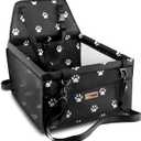 Petbobi Pet Reinforce Car Booster Seat for Dog Cat Portable and Breathable Bag with Seat Belt Dog Carrier Safety Stable for Travel Look Out,with Clip on Leash with PVC Tube (Foot) (Black Foot Print)