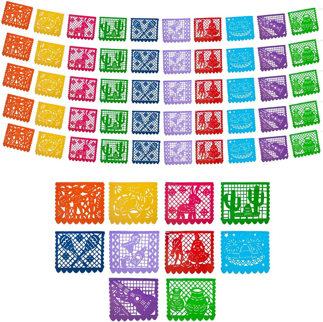 Mexican Party Banners (5 Pack with 10 Plastic Flags per Banner) - Papel Picado Mexicano Para Fiesta - Plastic Papel Picado - Fiesta Themed Party Decorations - Mexican Decor Cinco de Mayo