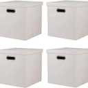 Storage Bins with Lids, Collapsible Linen Fabric Boxes Organizer Containers with Lid Foldable Storage Box Basket for Closet, Shelves, Home, Office, 12 x 12 x 12.4 Inch, 4 Pack, Beige