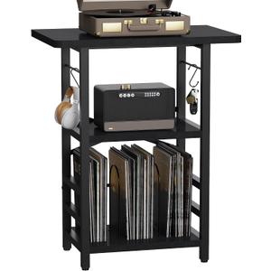 YAKANJ Record Player Stand with Extended Desktop,Large Record Player Table with Vinyl Storage,Turntable Stand with Record Holder Vinyls Display Shelf for Music Room Studio,Modern Black, 15.75 x 19.69 x 30.31 inches
