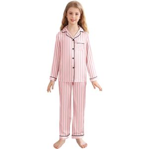 Veseacky Xms Satin Pajama Sets for Girls Silk Button Down PJ Set Silk Sleepwear Birthday Pajamas Gift (Pink Stripe,150)