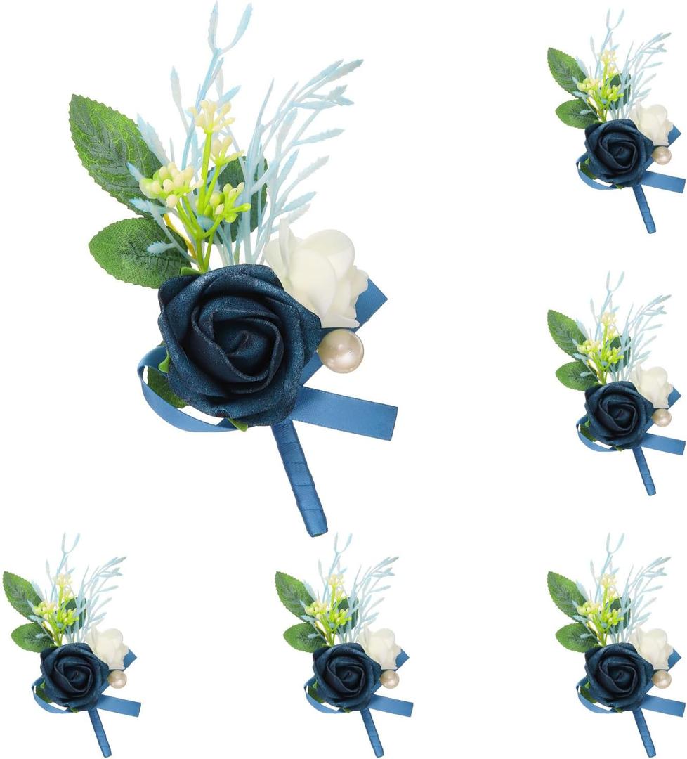 uxcell 6pcs Navy Blue Boutonnieres for Men, Artificial Flower Buttonholes Pocket Corsage with Boutonnieres Pins for Wedding Bride Groom Ceremony Anniversary Formal Party