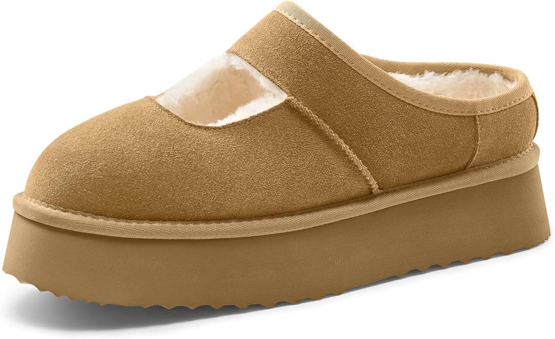 Vilanva Platform Slippers for Women Cozy Fur Lined Slip on Mary Jane Winter Shoes Warm Comfy House Slippers for Indoor Outdoor (8.5, Chestnut)