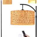 QIYIZM Floor Lamp for Living Room Bedroom Farmhouse Arc Rattan Boho Standing Lamp with Remote Dimmable Black Wicker Bamboo Lamp Shade Floor Light Adjustable Tall Lamp Industrial Floor Lamps Bohemian