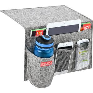 Linen 4 Pockets Bedside Caddy, Bedside Storage Organizer with Water Bottle Holder for Magazine, Remotes, Phone (Grey)