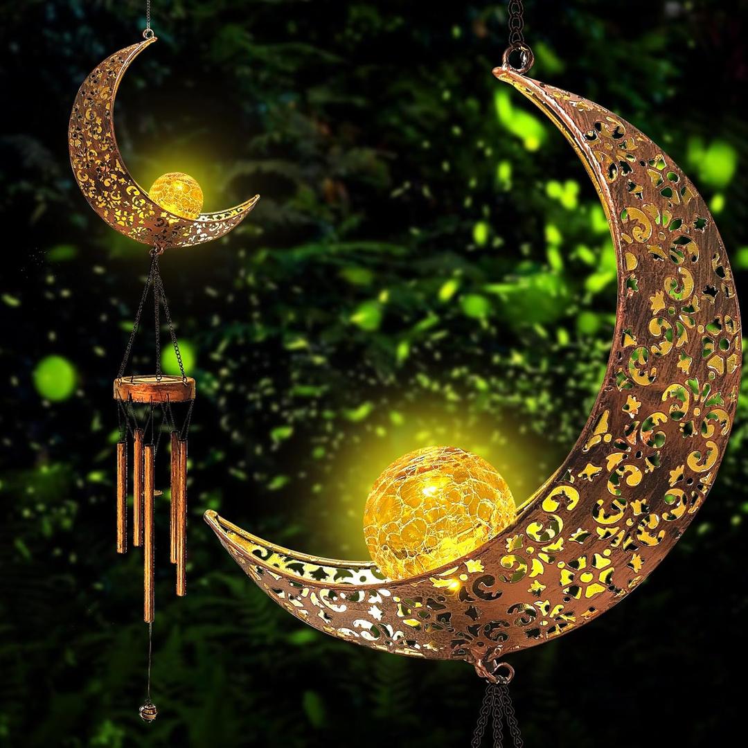 Solar Moon Wind Chimes Outdoor, Waterproof Moon Wind Bells Light Clearance for Outside, Unique Gifts for Mother's Day, Children's Day, Birthday, Mom, Women, Decor for Garden, Yard, Party