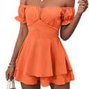 LYANER Women's Off Shoulder Wrap Tie Up Back Ruffle Short Sleeve Romper Short Jumpsuit, Large