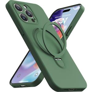 Magnetic Stand for iPhone 15 Pro Case, Liquid Silicone Case, [Compatible with MagSafe][Built-in Kickstand&Ring Holder] Anti-Scratch Soft Microfiber Lining, Midnight Green