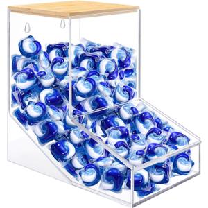 TCJJ Acrylic Laundry Pods Container & Dishwasher Pods Holder - Wall Mountable & Freestanding Dispenser with 2 Lids for Powder, Dryer Balls, Beads - Sturdy 3mm Clear Acrylic Design Fits Any Home Decor