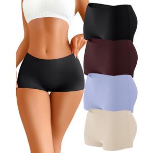 CUTE BYTE Womens Seamless Boy Shorts Underwear Soft Stretch No Show Boxer Shorts Briefs Panties for Ladies 4 Packs (Medium, Black/Nude/Blue/Grape Purple)
