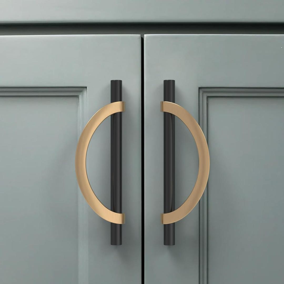 Amerdeco 10 Pack Black Brushed Gold Cabinet Pulls 5 Inch(128MM) Hole Centers Kitchen Cabinet Handles Hardware Kitchen Handles for Cabinets Cupboard Handles Drawer Pulls