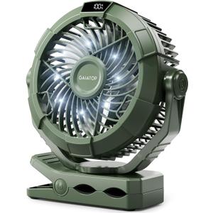 Gaiatop Portable Camping Fan with LED Lantern, 360Rotation and Clip on for Desk, 4000mAh USB Rechargeable Battery Powered, Digital Display and Hanging Hook for Tent Outdoor Travel Bedroom Green