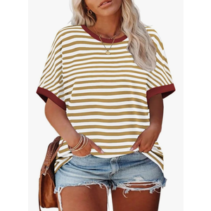 ROSRISS Womens-Plus-Size-Tops Summer Striped Short Sleeve Casual Crewneck Oversized T Shirts Trendy Color Block Basic Tunics Size XXL