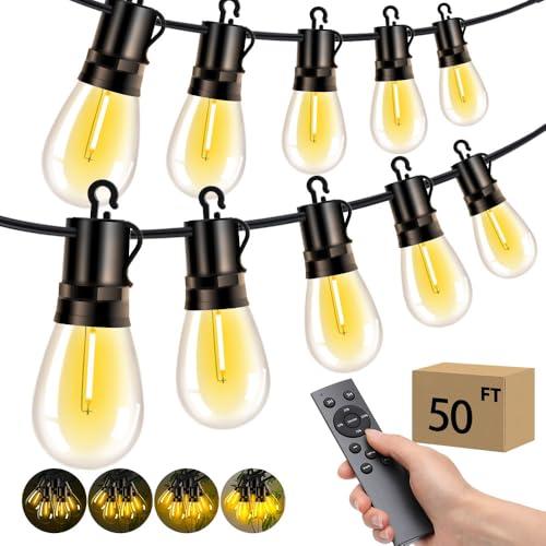 VOZUJI Outdoor Patio String Lights: S14 Shatterproof Bulb Outside Waterproof Light - 50Ft 15M Remote Dimmable Connectable Hanging Outdoor Electric Lighting - Garden Backyard Yard Gazebo Porch Party