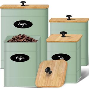 Canisters Sets for the Kitchen Set of 4, Metal Sugar Flour Coffee Storage Containers for Countertop with Airtight Lids, Customizable Chalkboard Labels & Marker Pen, Storage Jars Canisters - Sage Green