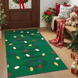 jinchan Jingle Lights Christmas Rug 3x5 for Entryway Kitchen Green Holiday Rug for Bedroom Colored String Lights Printed Xmas Decor for Living Room Bathroom Washable Non Slip Decorative Floor Carpet